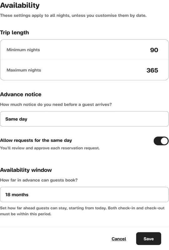 Availability section with minimum nights, maximum nights and the availability window