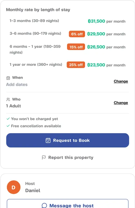 Booking card with the monthly rate by length of stay, your stay, guests and the Request to Book button
