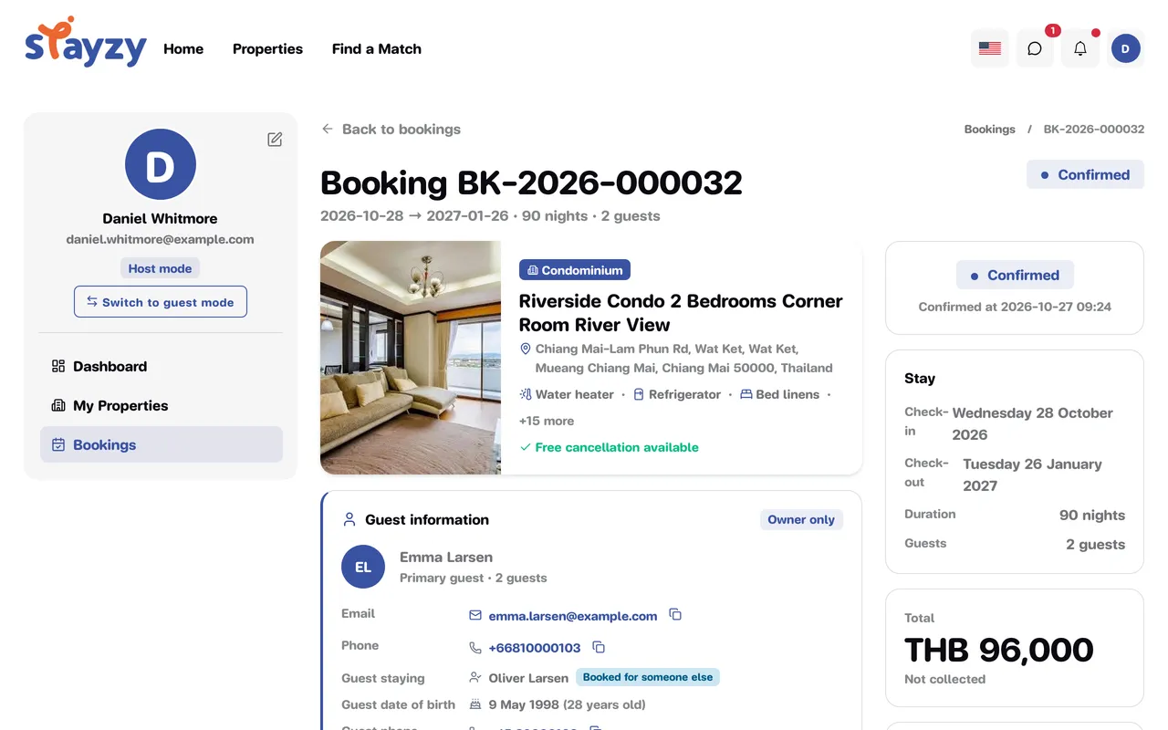 Booking detail page with guest information, booking summary and the Actions box