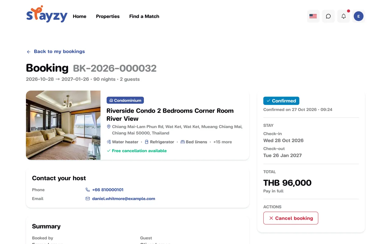Booking page with the property, host contact, summary, state history and the status card at the side