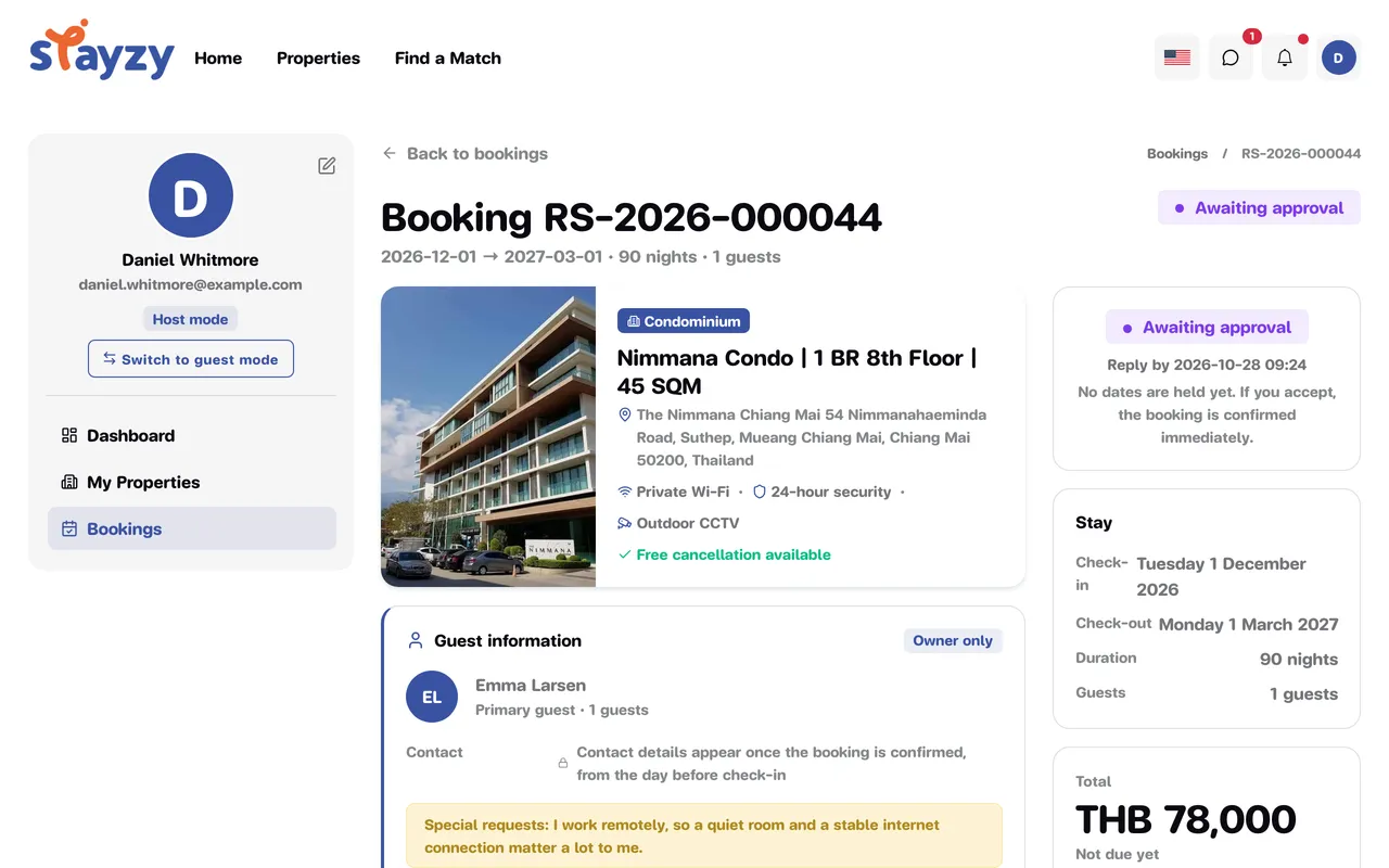 Booking request details with Approve request and Decline request buttons