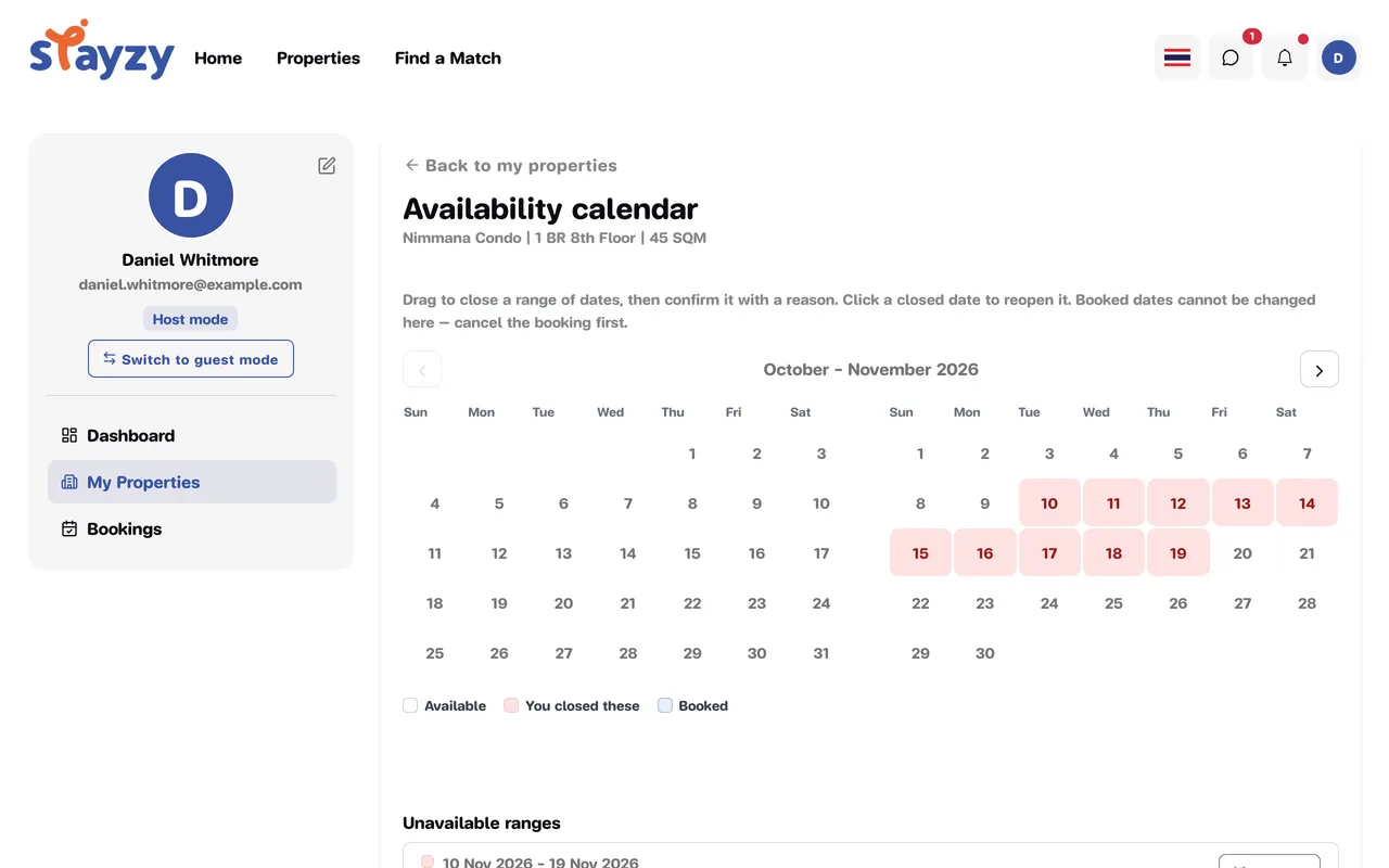 Availability calendar showing two months with the list of unavailable ranges beside it