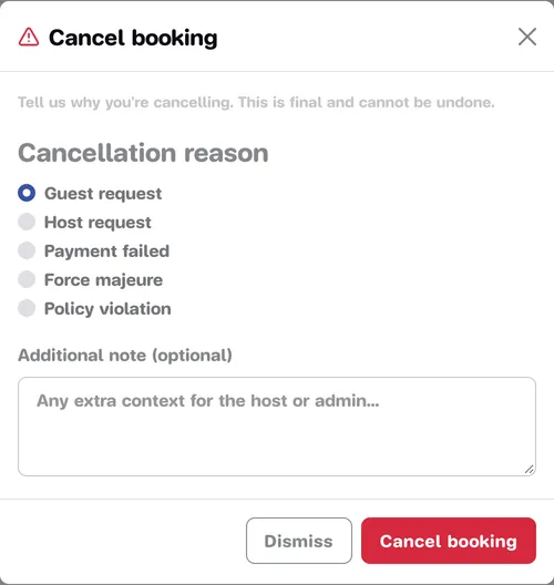 Cancel booking window with a choice of cancellation reason and an additional note field