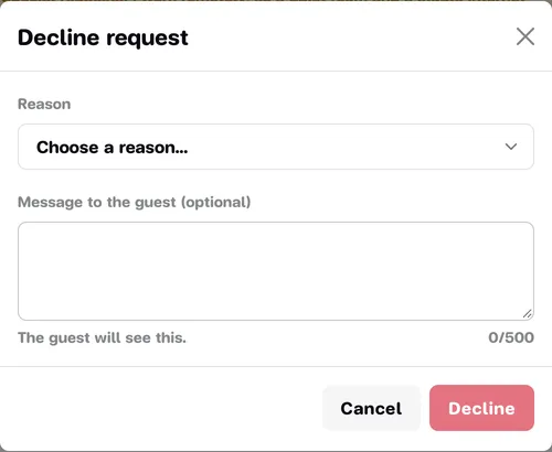 Decline request window with a reason and a message to the guest