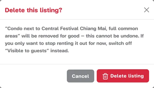 Delete this listing confirmation warning that it cannot be undone