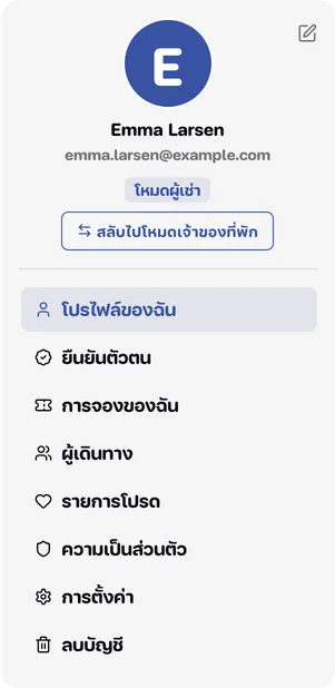 การ์ดเมนูด้านซ้ายในโหมดผู้เช่า