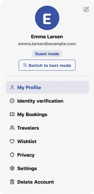 The left-hand menu card in guest mode