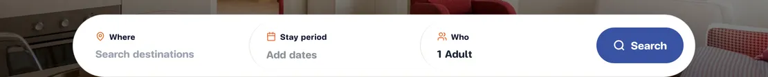 Home page search bar with Where, Stay period, Who and a search button