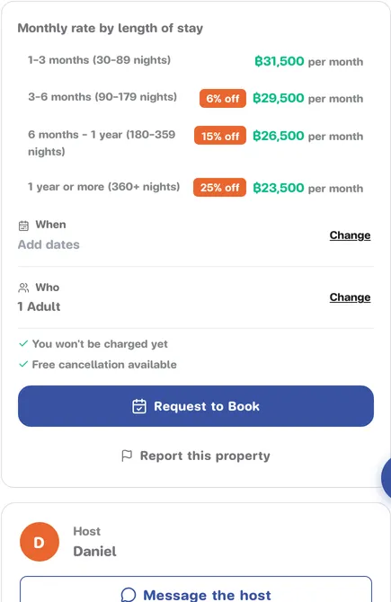 The Host card with the Message the host button under the booking box