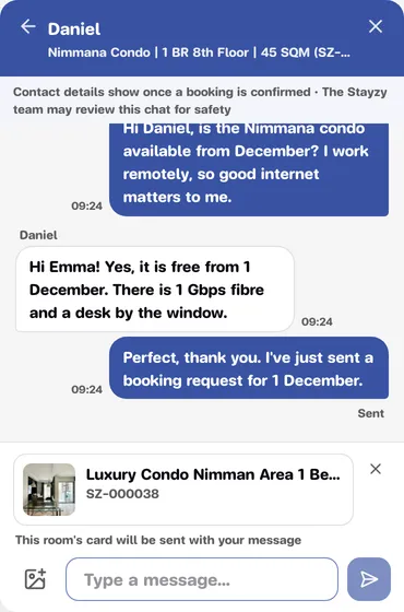 Chat with a host, with the room card ready to go with the first message