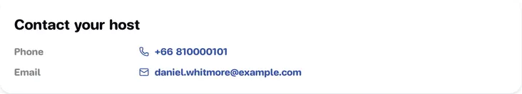 Contact your host card showing the host's phone number and email