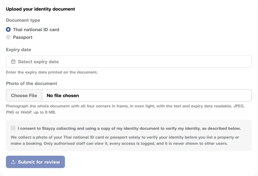 The identity document upload form