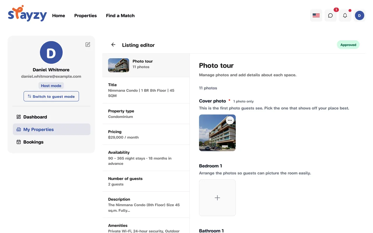 Listing editor with the section menu on the left