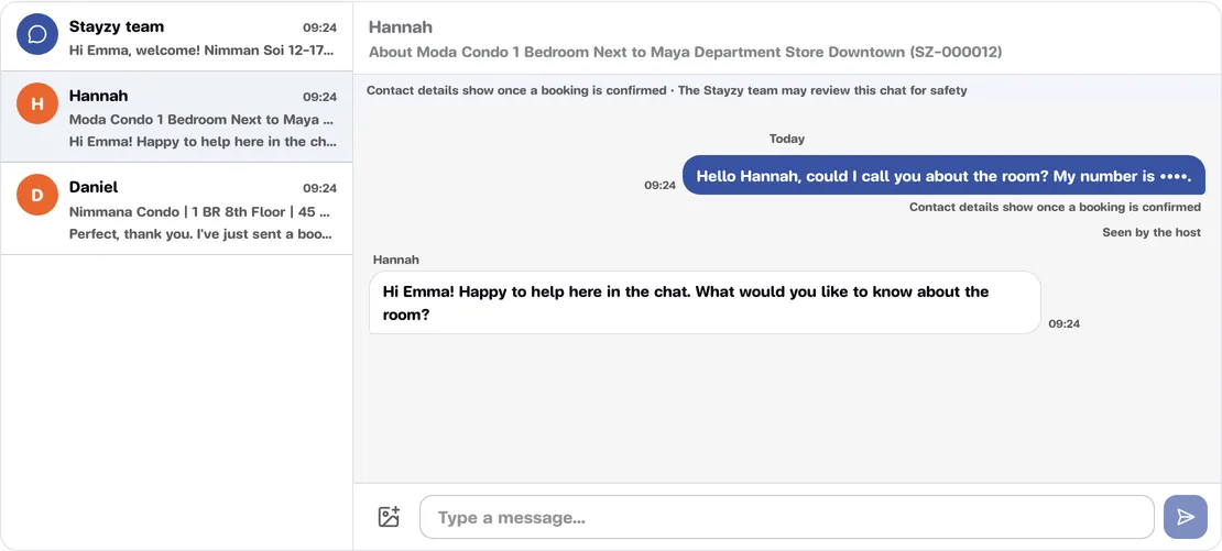 A chat message with the phone number hidden and a note under it