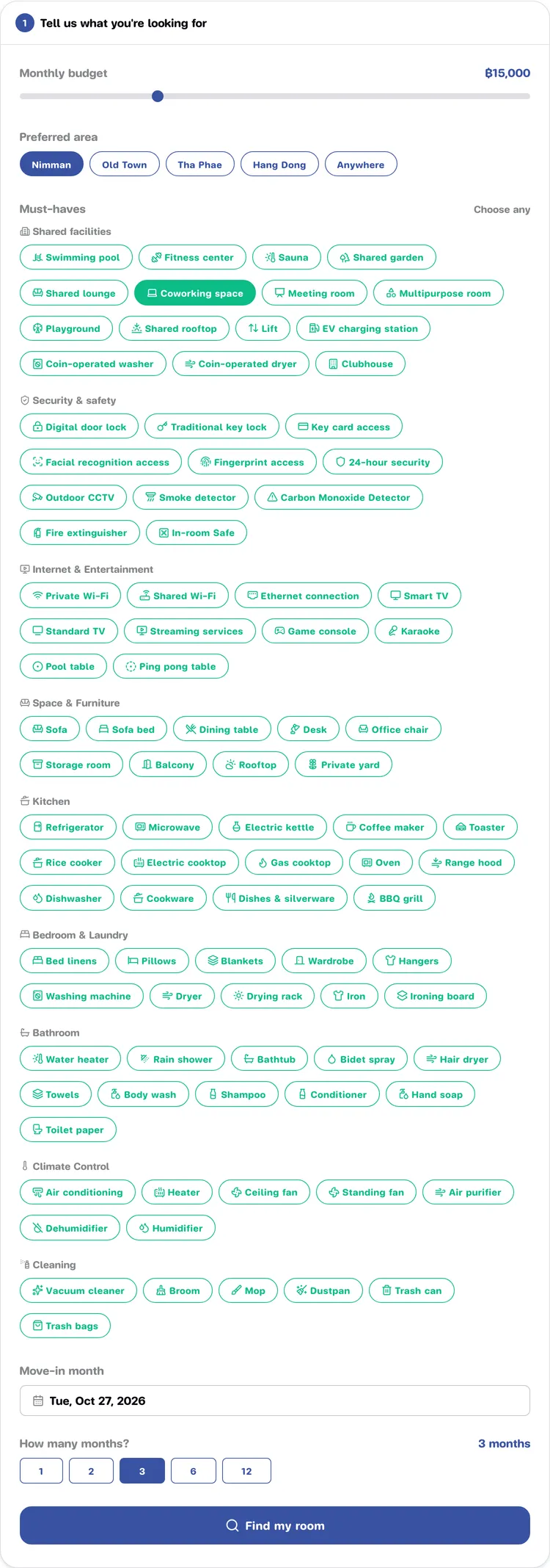 Match form with monthly budget, preferred area, must-haves, move-in month and number of months