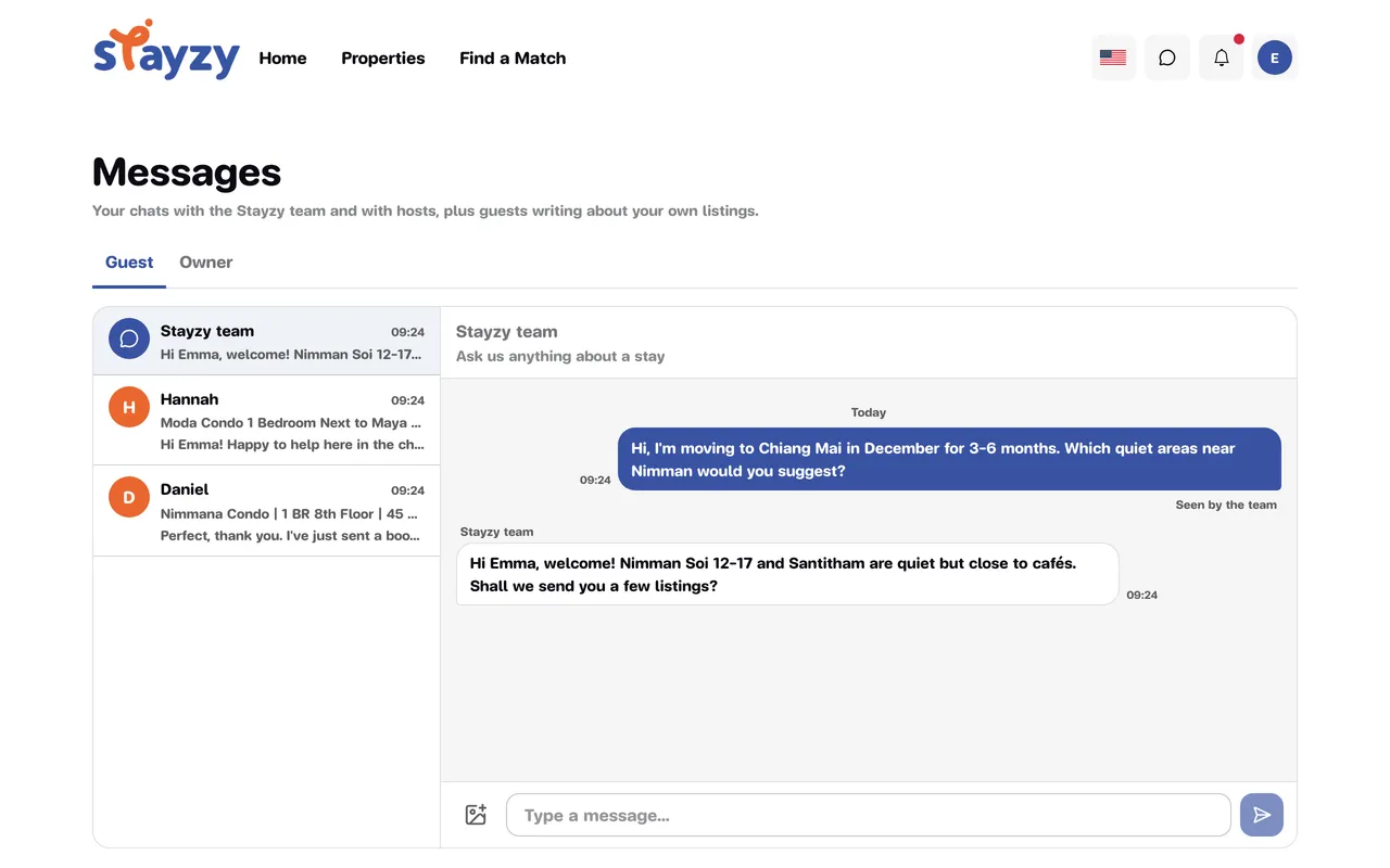 The Messages page, Guest tab, showing the Stayzy team chat