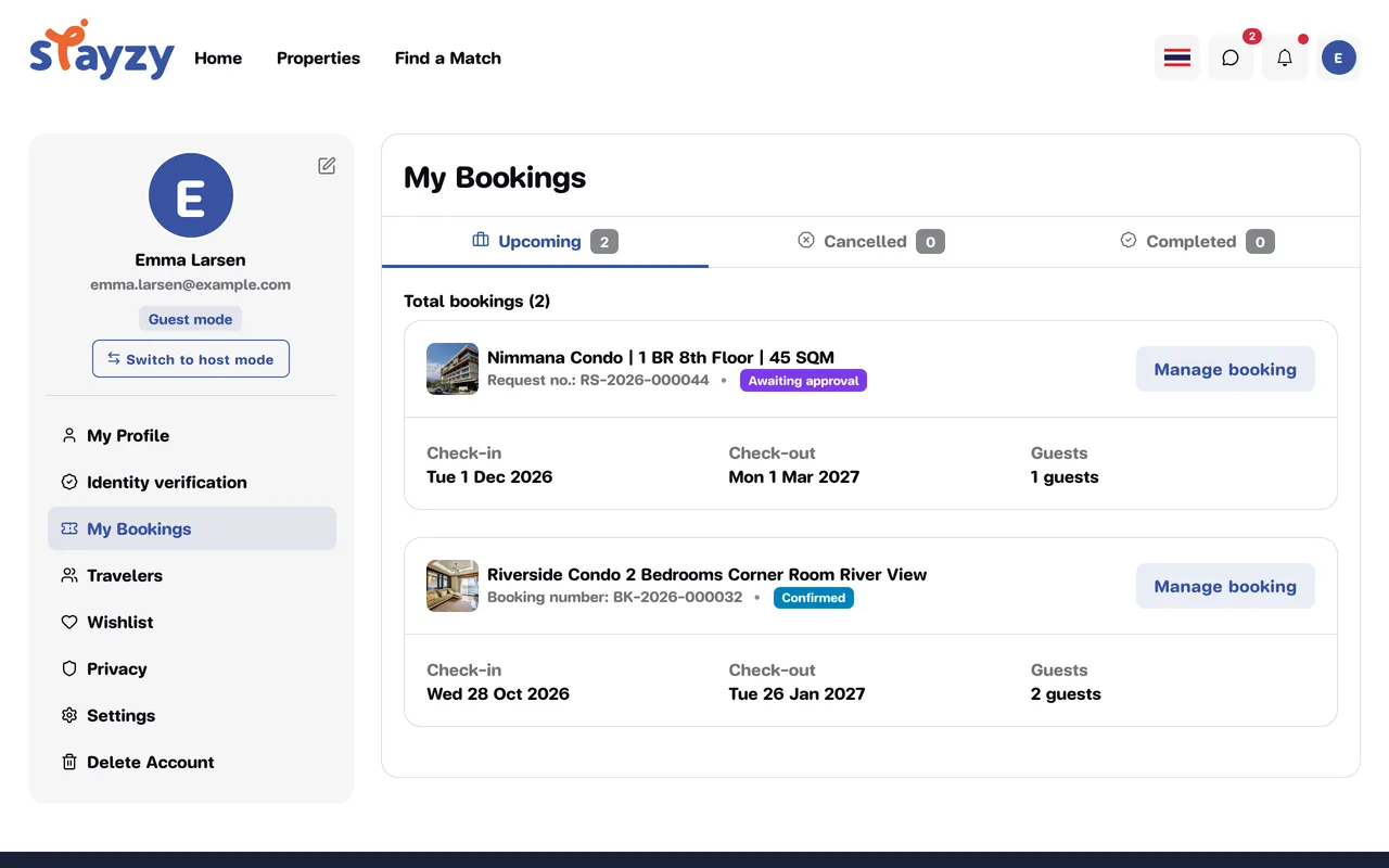 My Bookings page with the Upcoming, Cancelled and Completed tabs