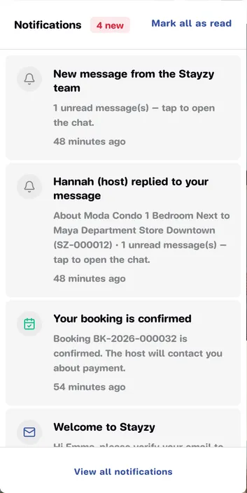 The notification list opened from the bell in the top bar