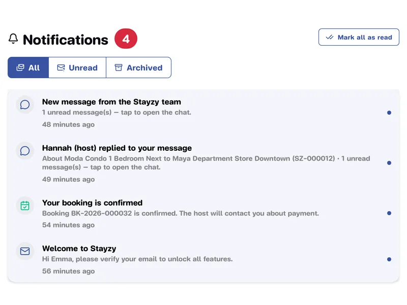 The Notifications page with the All, Unread and Archived filters