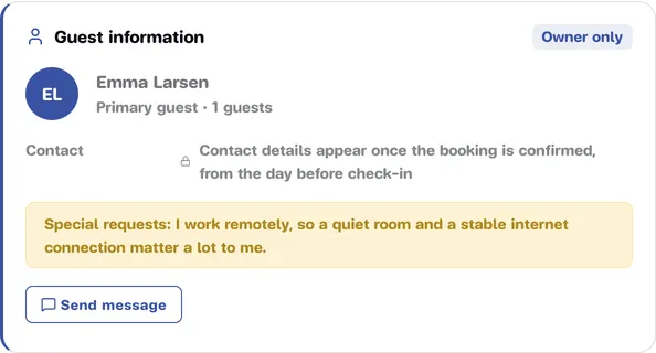 The Guest information section of a booking with the Send message button