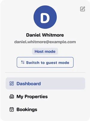 Host mode menu with Dashboard, My Properties and Bookings