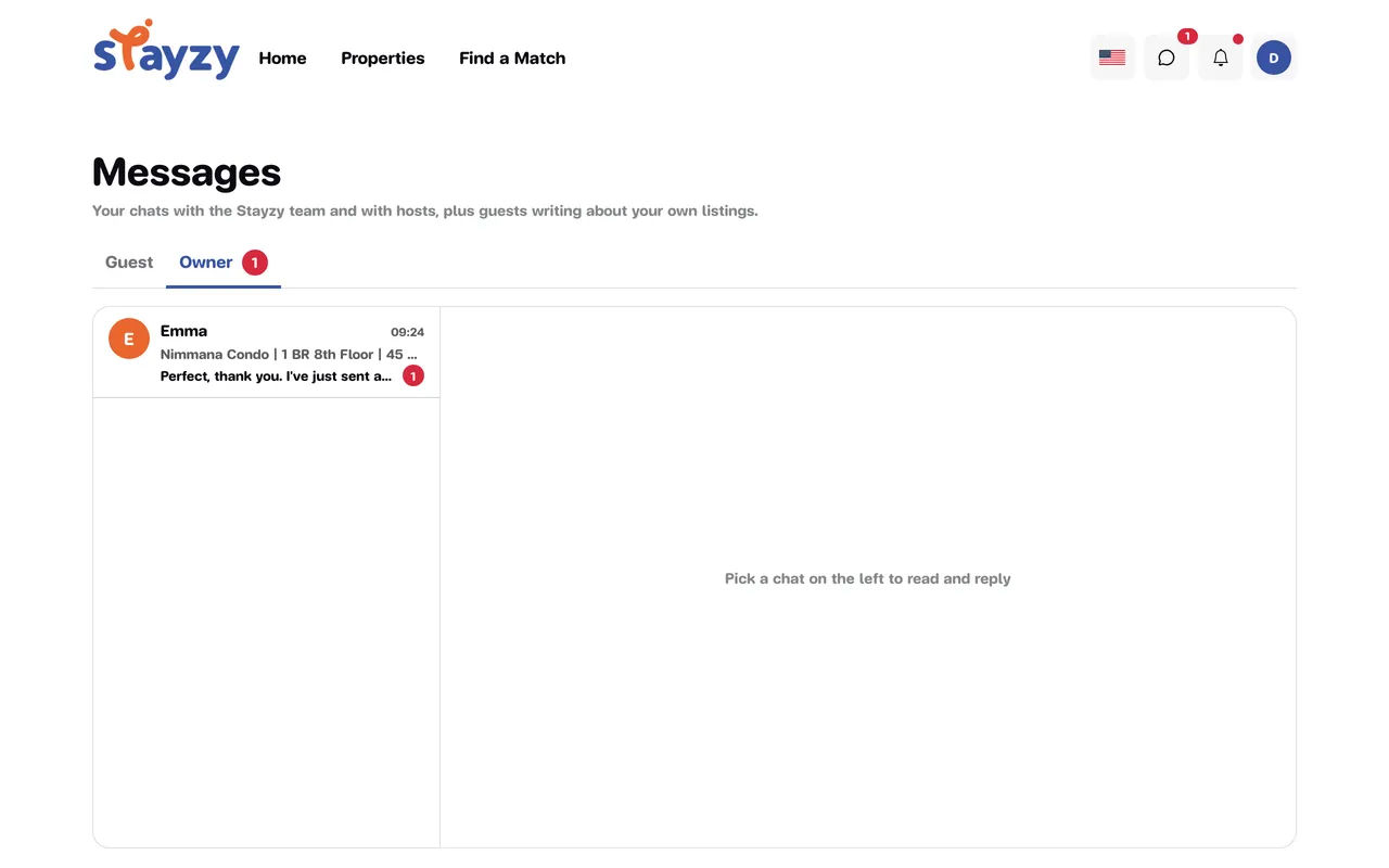 The Messages page, Owner tab, with chats from guests