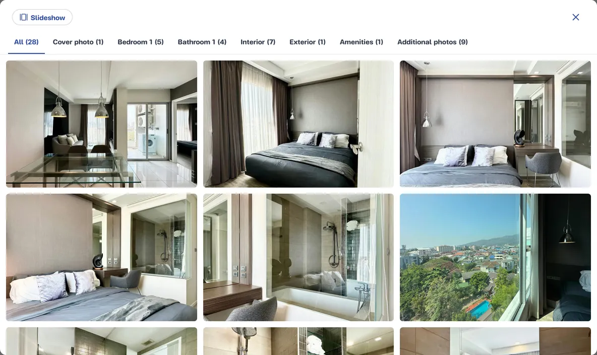 Photo viewer with a tab per room and a button to switch to slideshow