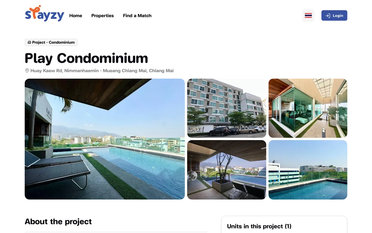 Project page with common-area photos, project facts and the list of units in the project