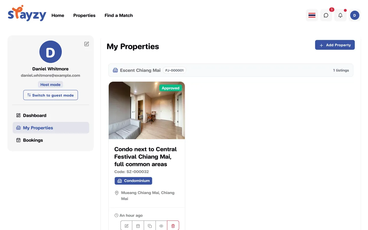 My Properties page with listing cards grouped by project