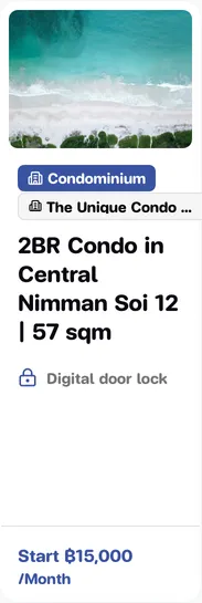 Listing card with photos, property type, project badge, heart button and monthly starting price