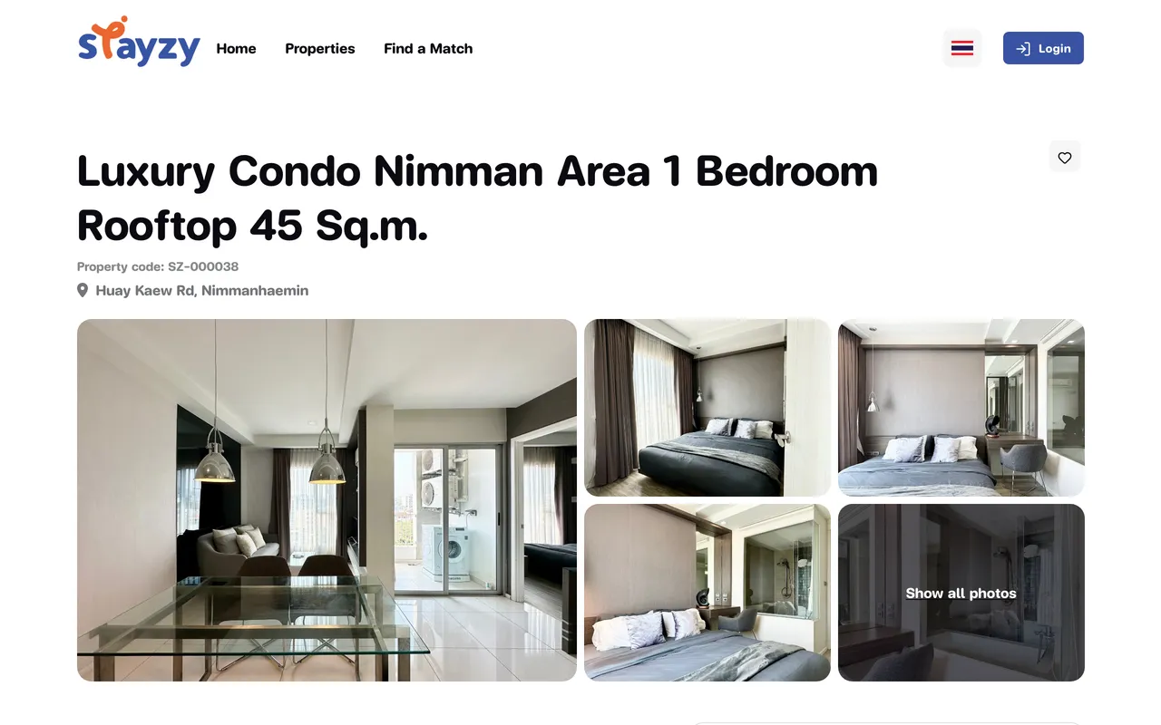 Top of a listing page with name, property code, address, heart button and photos