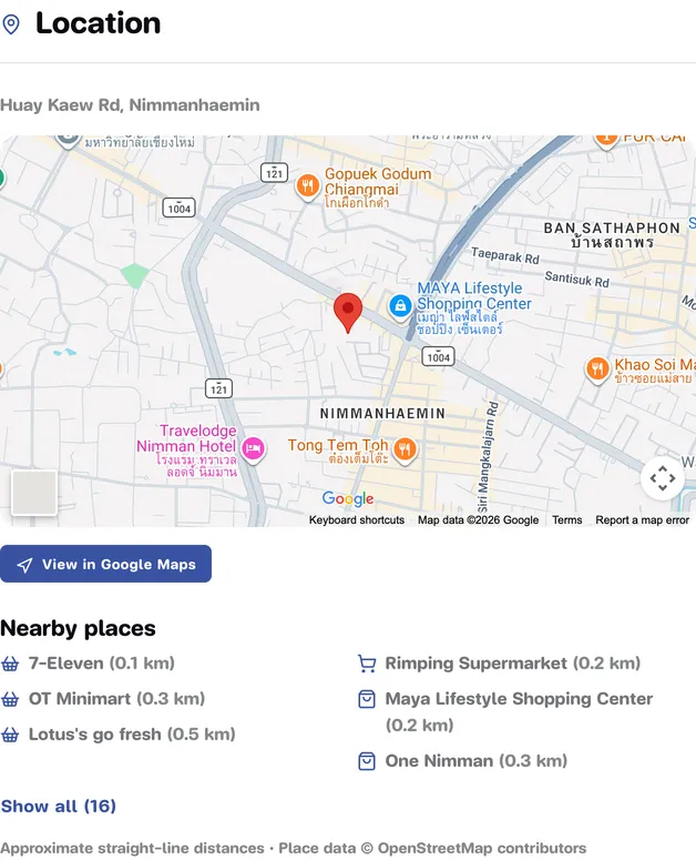 Location card with a map and a list of nearby places with distances in kilometres