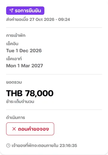 การ์ดสถานะคำขอ แสดงสถานะรอการยืนยัน วันที่เข้าพัก ยอดรวม ปุ่มถอนคำขอจอง และเวลาที่เจ้าของต้องตอบ