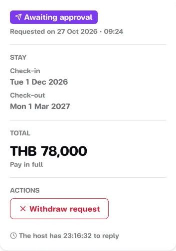 Request status card showing Awaiting approval, the stay dates, the total, the Withdraw request button and the host's reply countdown