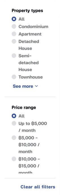 Filter panel with property types, price range, bedrooms, bathrooms, parking, amenities and house rules