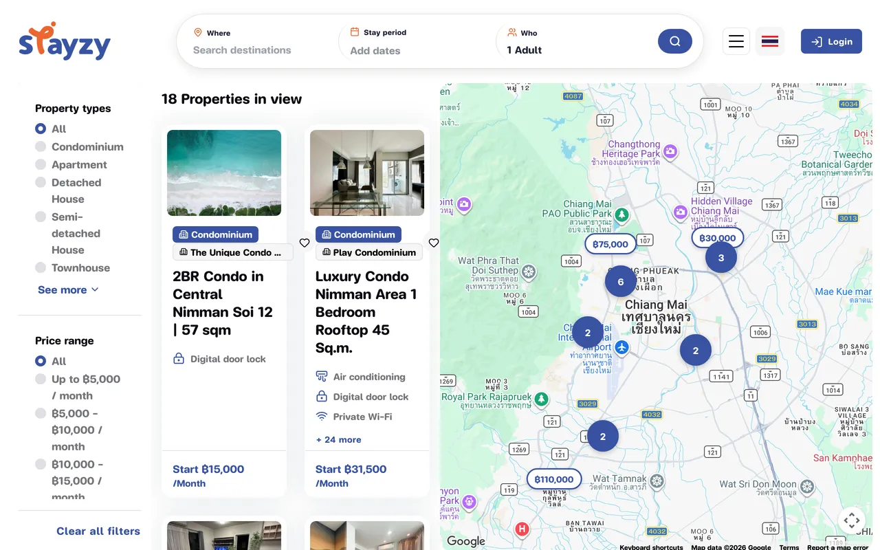 Listings page with filters on the left, listing cards in the middle and a map on the right