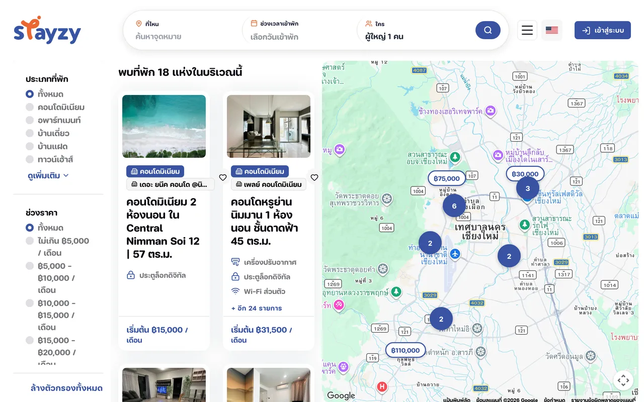 หน้ารายการที่พัก มีตัวกรองด้านซ้าย การ์ดที่พักตรงกลาง และแผนที่ด้านขวา