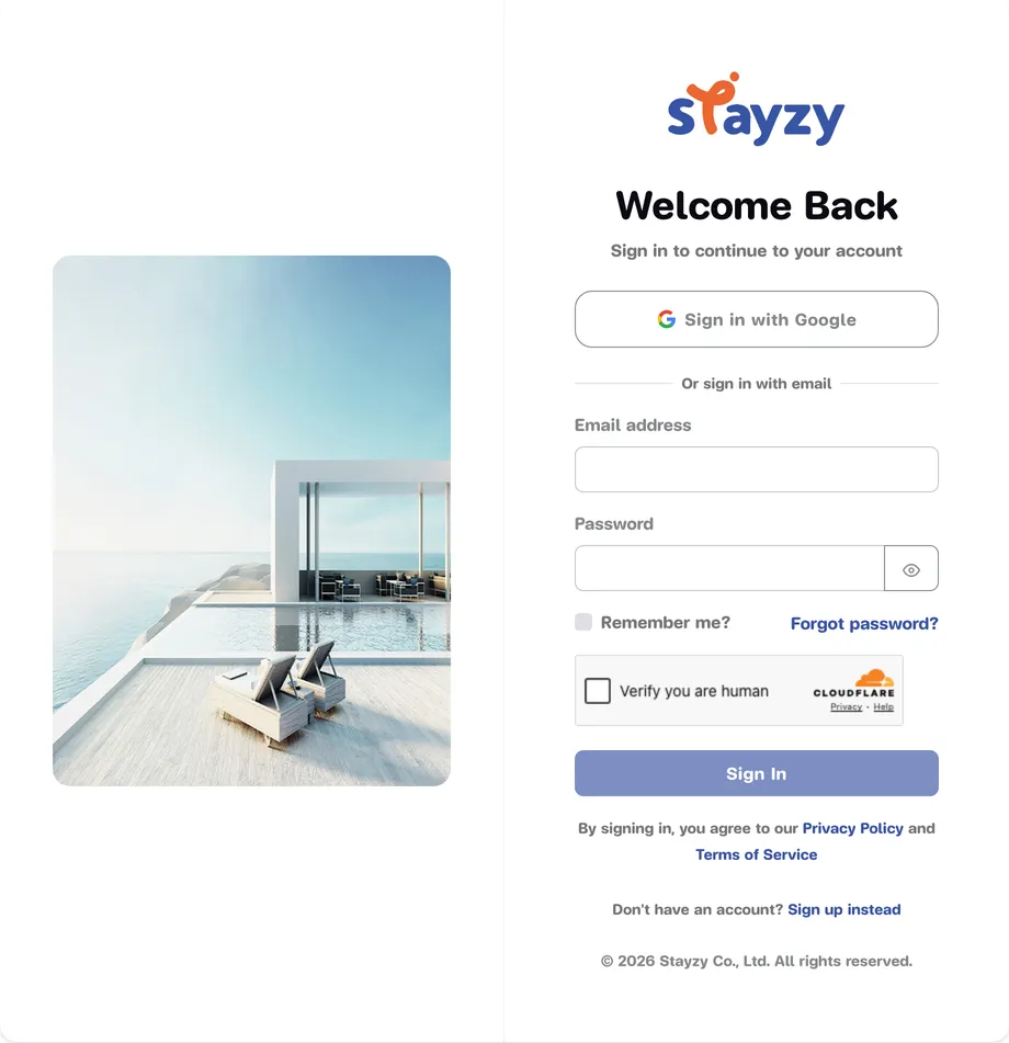 The Stayzy sign-in form