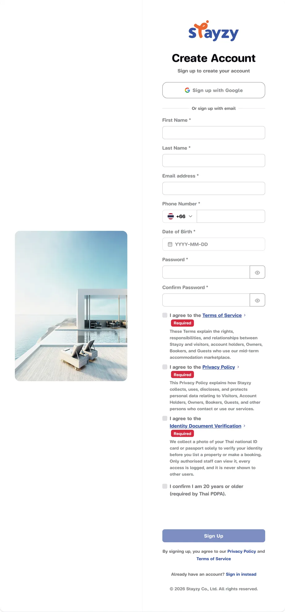The Stayzy Create Account form