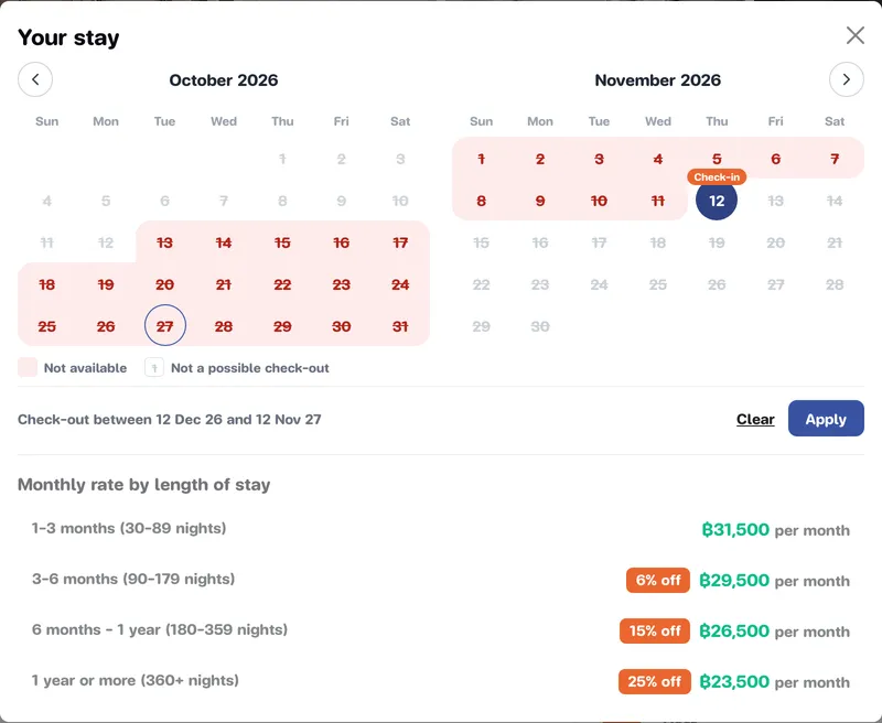 Stay date calendar showing two months, taken days and days that can't be a check-out
