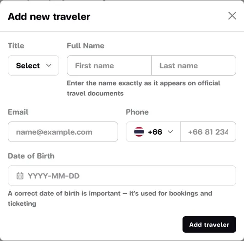 The Add new traveler window