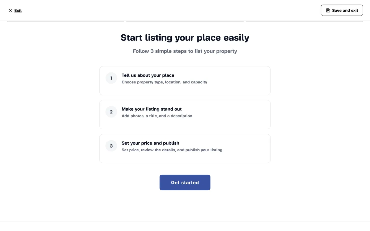 Start listing screen showing the three phases