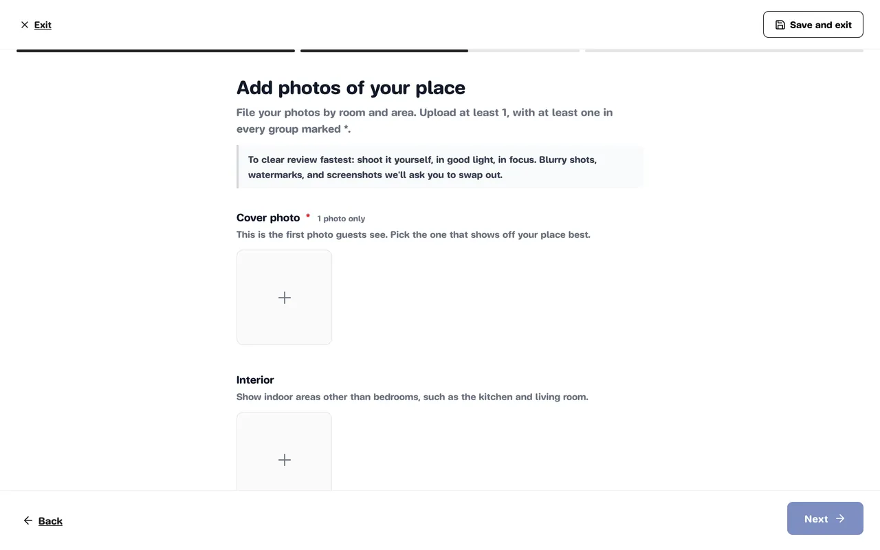 Photo screen grouped into cover, bedrooms, bathrooms and more